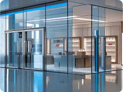 Bullet-resistant glass installed in the sleek façade of a modern commercial building, ensuring enhanced safety and aesthetic appeal.