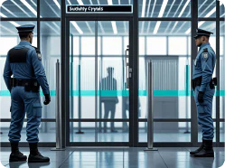 Clear bullet-resistant glass panels at a security checkpoint, providing maximum visibility and protection for personnel.