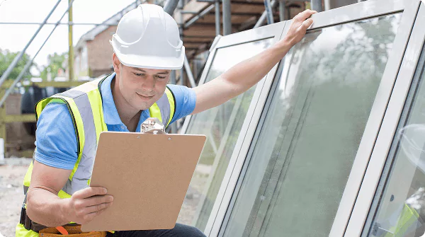 Construction worker in safety gear checking a clipboard while inspecting large glass panels on site.