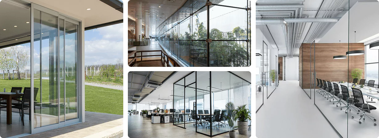 Collage of glass architecture: sliding patio doors, curtain wall, office glass partitions, and meeting room.