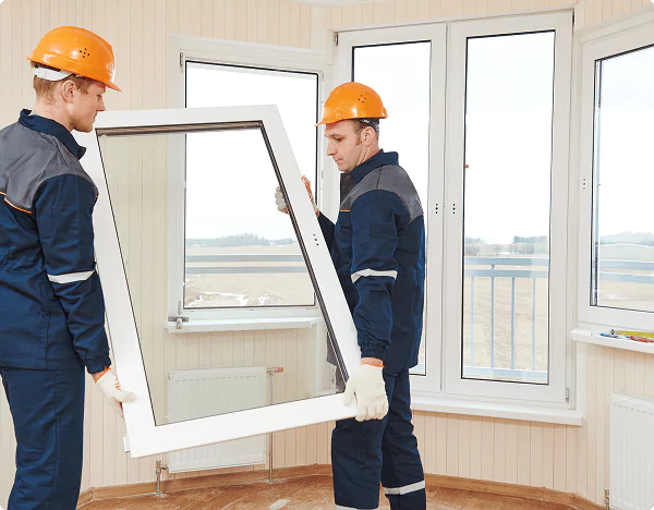 Two workers in safety helmets installing a large glass window frame inside a residential building.
