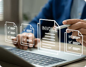 Businessperson using a laptop with digital invoice graphics floating above, illustrating bulk and trade pricing benefits