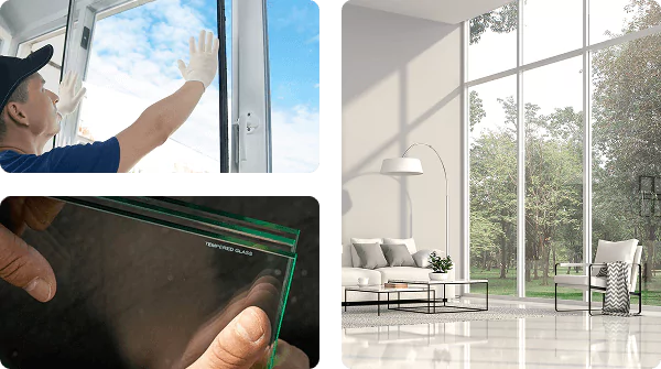 Collage of three scenes a worker installs a window, hands hold tempered glass panels, and a bright living room with floor‑to‑ceiling windows.